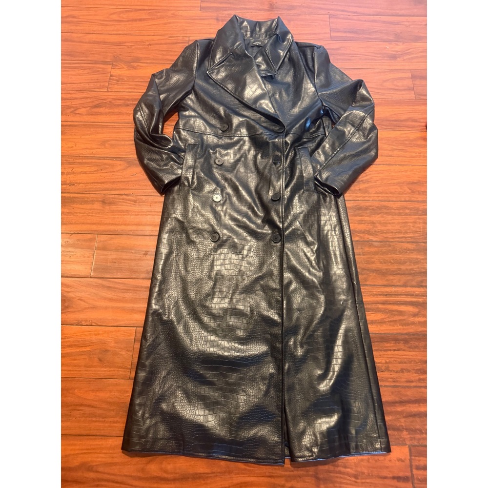 Outcast Clothing Black Croc Embossed Faux Leather Trench Coat Jacket Small - Picture 10 of 10